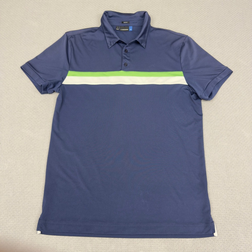 J Lindeberg Polo Shirt Mens Large Navy Blue Striped Performance Golf Stretch